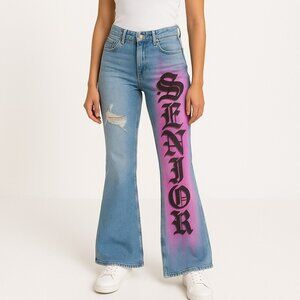 Hollister Jeans Womens Jrs 17S Flared High Rise Old School Graffiti Pink Senior
